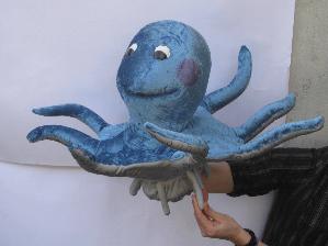 Octopus: made from fabric and wire, with wiggely legs, for Puppet Theatre Wales