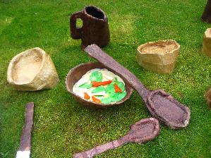 Workshop Leader making a Giants Picnnic with Primary Schools in Caerphilly, Inspired by food from Medieval and Stuart times