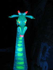 Painting on Puss in Boots: UV Dragon. Designer Will Hargreaves, flats made by Set up