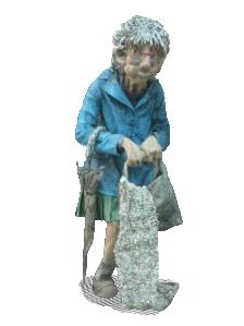Doris, Sculpture: Body and features built up in paper over a wooden armature. Props made in paper, scarf knitted from newspaper. Clothes cut to fit,  also made in paper